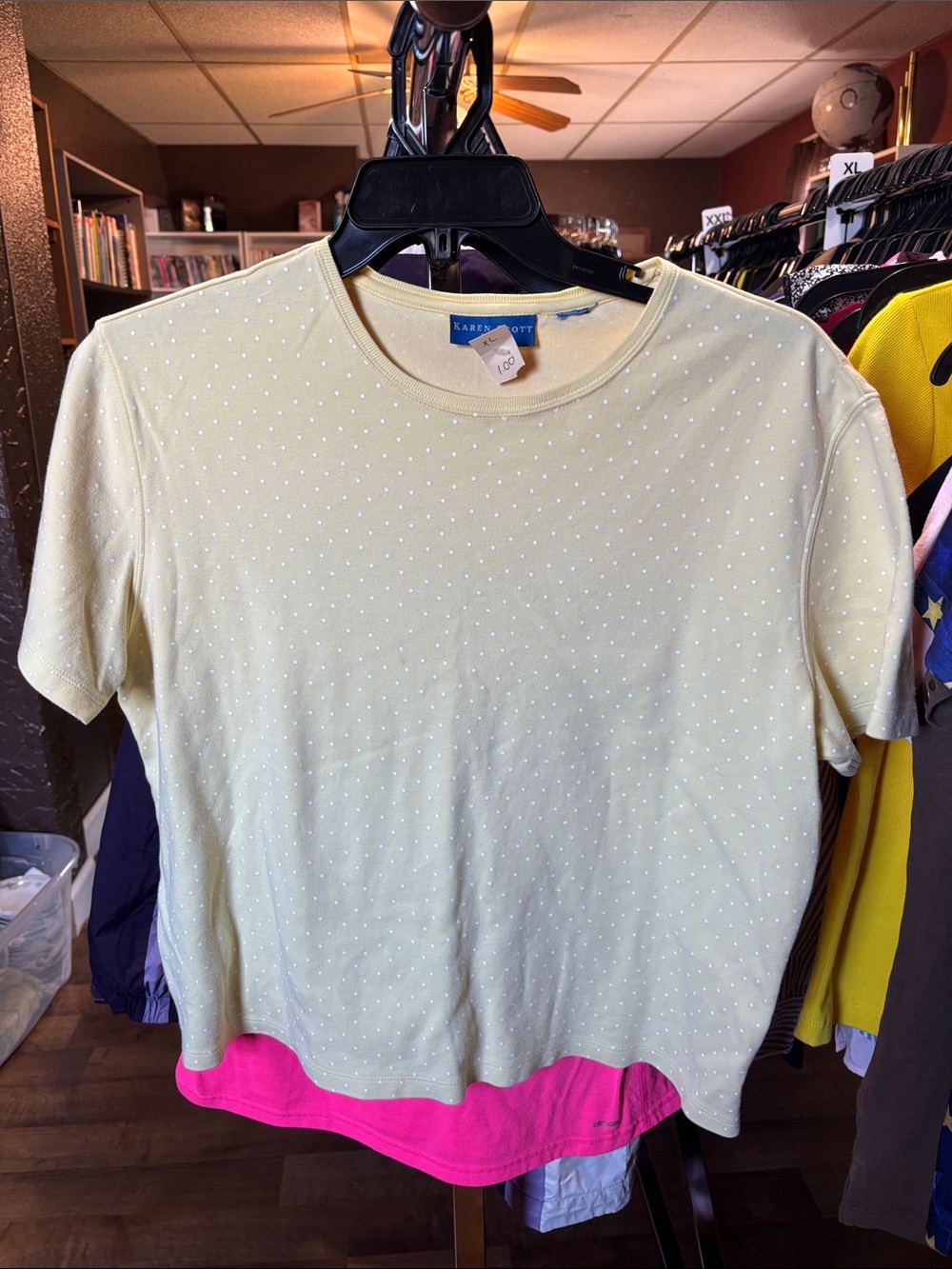 Karen Scott Short Sleeve Crewneck Top - Butter Yellow with polka dots